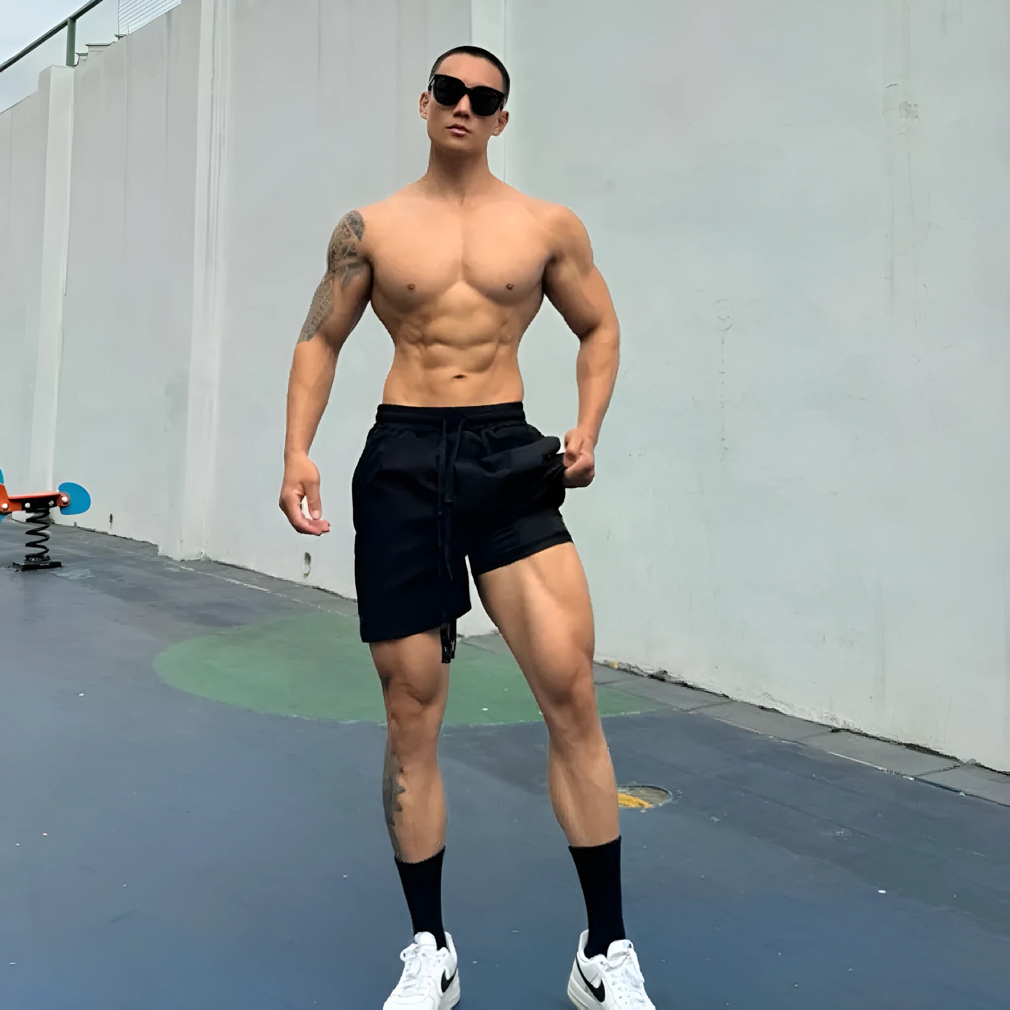 Men's ice silk quick-drying shorts in black, showing double-layer casual design