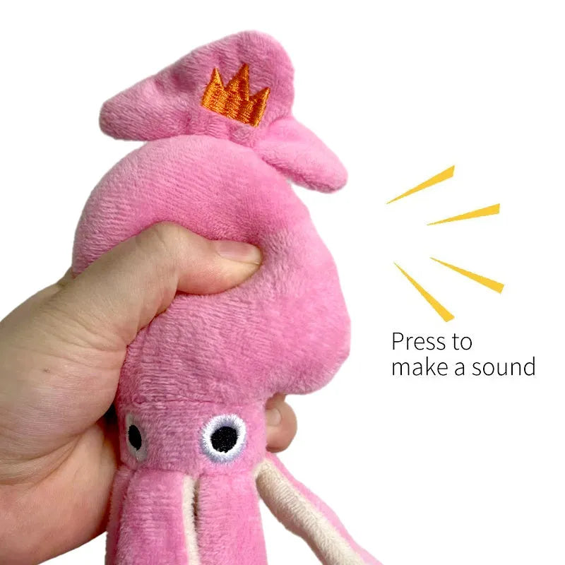 Pink squid plush dog chew toy with squeaky sound, 32cm corduroy toy for small and medium dogs