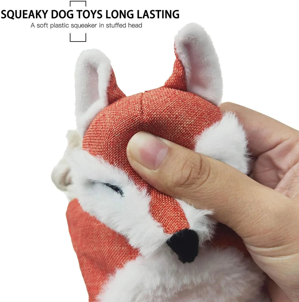 Brown stuffless fox plush dog toy with cotton rope arms, embroidered eyes, and a squeaker.