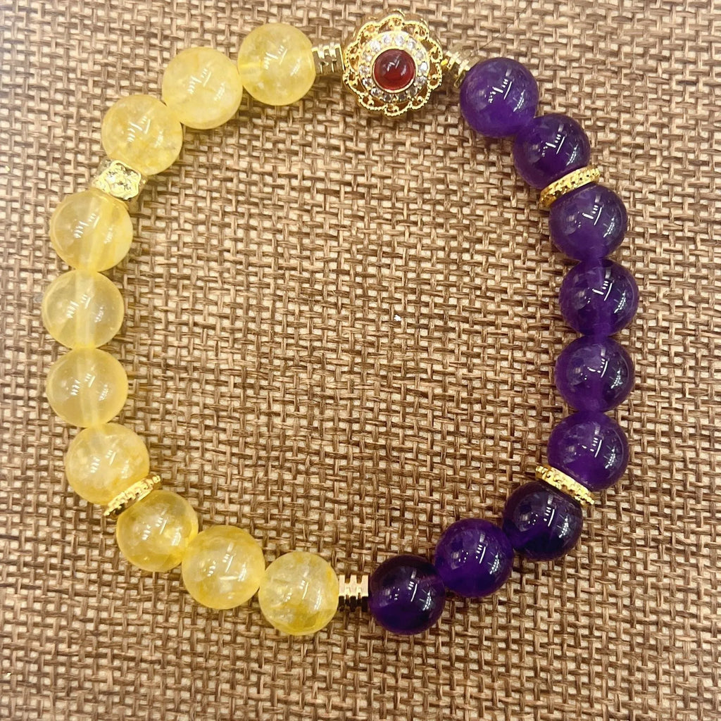 Handmade women's bracelet with yellow and purple amethyst crystal beads