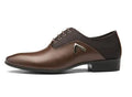 Men's black Oxford shoe with a low-cut PU upper and rubber sole, shown on a size chart.