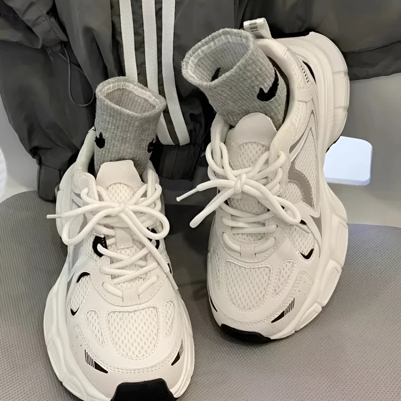 Polar Wave beige mesh platform sports shoes with a wedge heel and lace-up front.