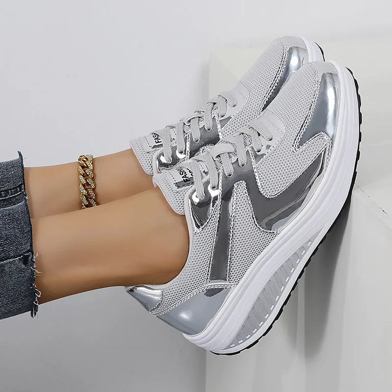 Women's gold mesh platform elevator trainers with cross strap and round toe