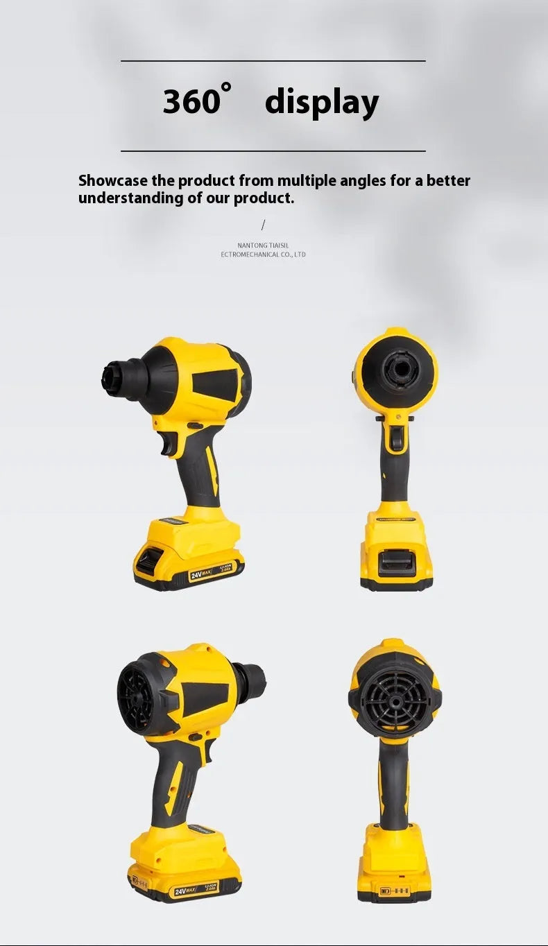 Yellow cordless dust gun with 680W power rating and 18V lithium battery for office cleaning applications