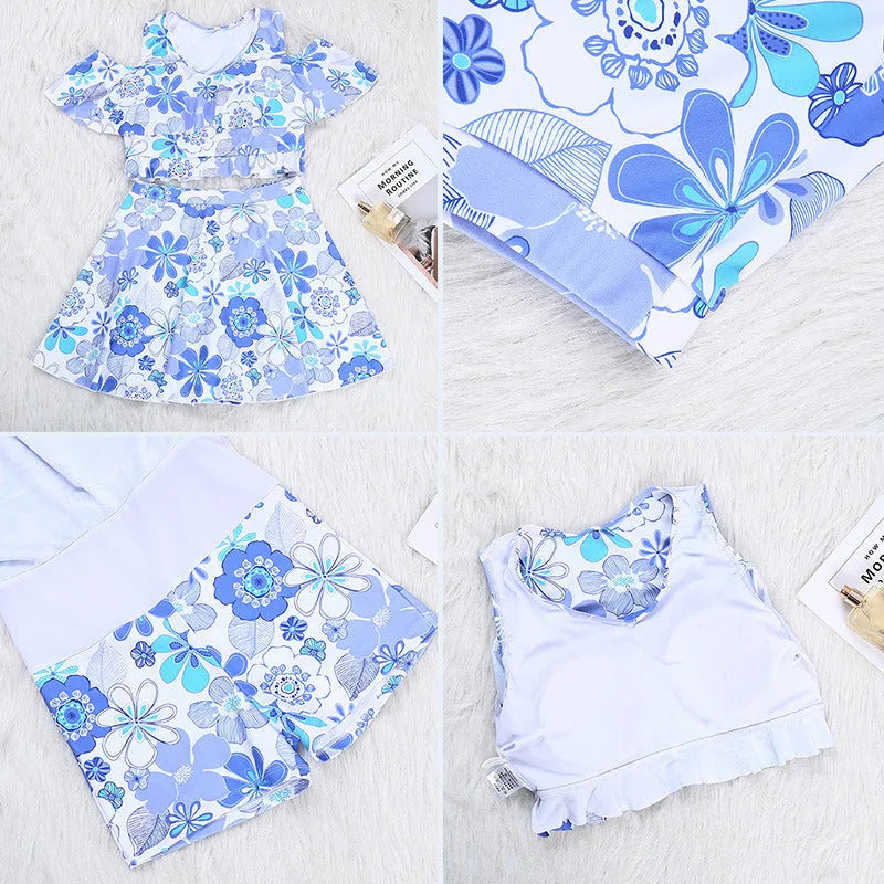 Women's one-piece swimsuit with fresh blue floral print on polyester fabric for summer swimming
