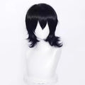 Short anime style cosplay wig with lengthened hair tail on a stand, shown in a solid colour.