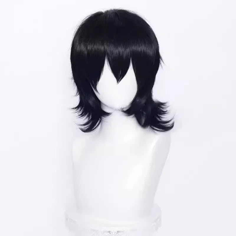 Short anime style cosplay wig with lengthened hair tail on a stand, shown in a solid colour.