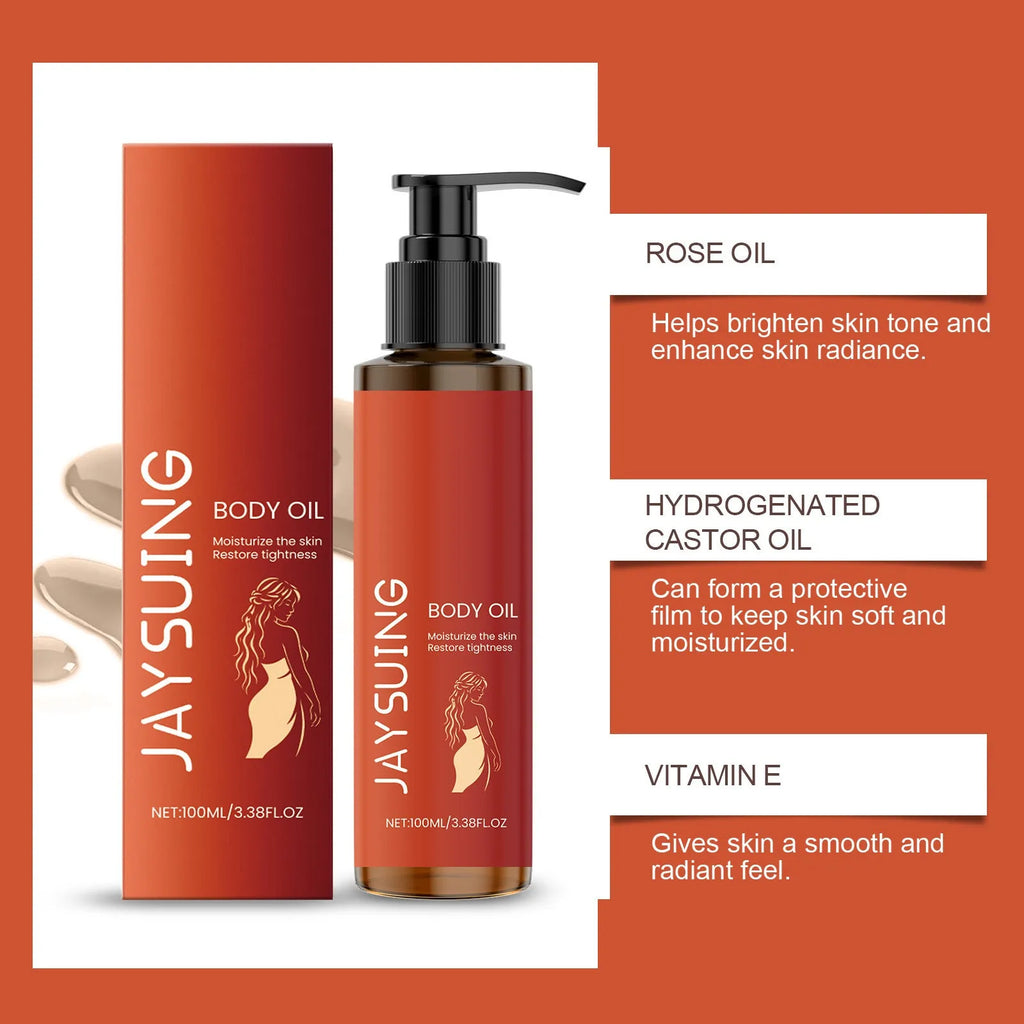 100ml body tightening massage oil with vitamin E and rose oil in a white bottle