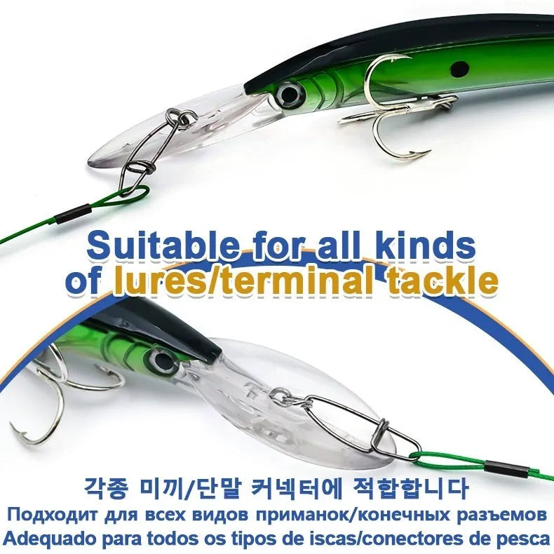 Steel wire double buckle fishing pins in green, black, and red colours showing 54cm length