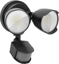 White or black 120V LED security flood light with motion sensor for outdoor installation