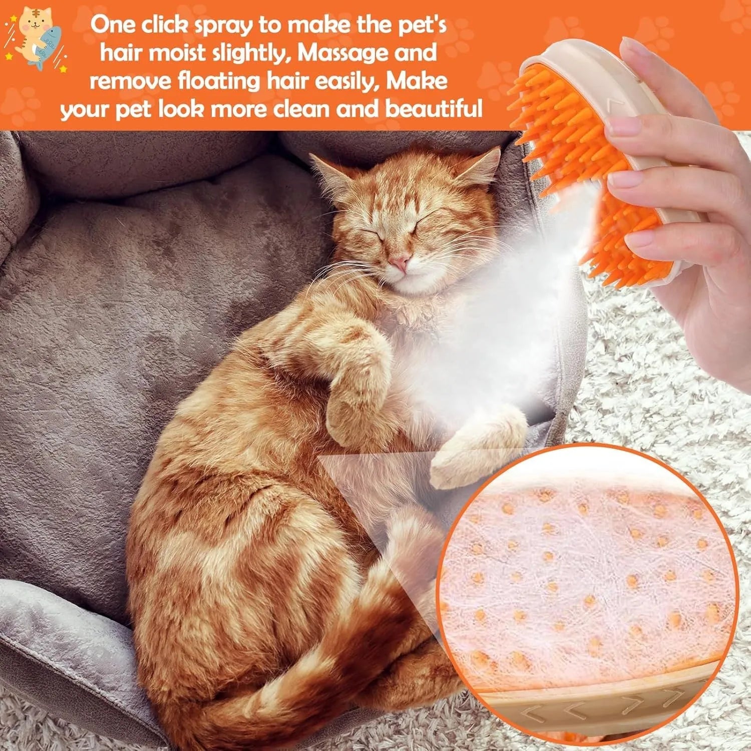 Yellow 4-in-1 cat steam brush with water spray, vibration massage, and ringworm detector for pet grooming