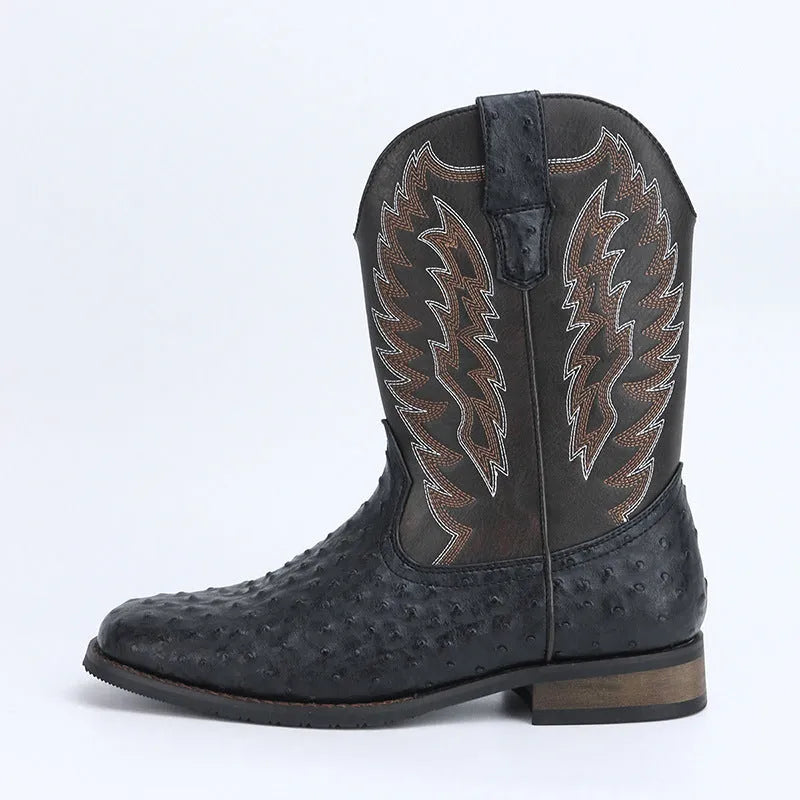 Western denim square toe motorcycle men's boots with embroidery and wedge heel in black