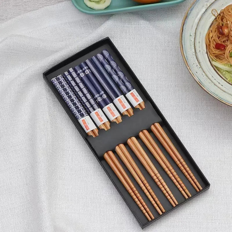 Japanese style bamboo chopsticks set with cartoon patterns including lucky cat design, 5 pairs in gift box packaging