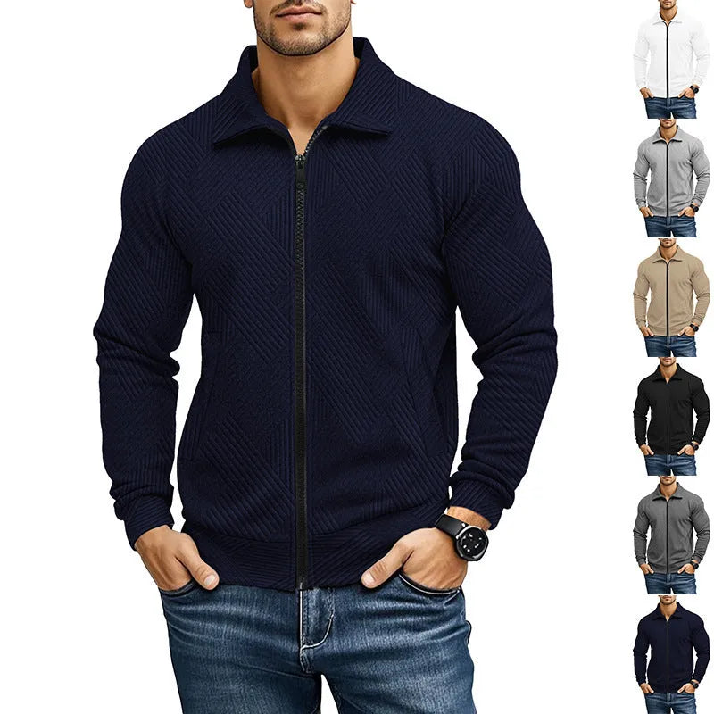 Men's casual jacket solid colour waffle turn-down collar coat front view