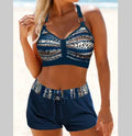 Women's two-piece polyester fibre hot spring swimsuit in Navy Blue with print pattern options