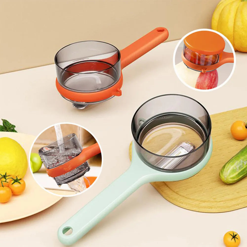 Kitchen multi-functional peeler with bucket storage in light green and orange colours, food-grade plastic construction