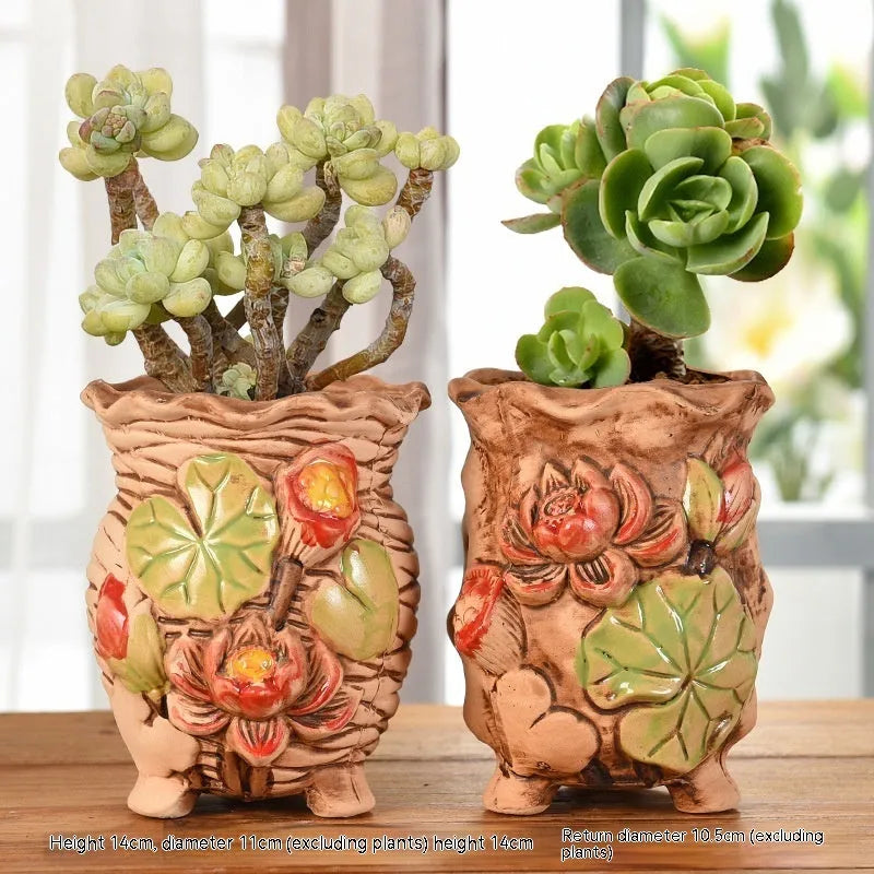 Pair of ceramic stoneware flower pots, 14cm height, 11cm and 10.5cm calibre, small succulent planters