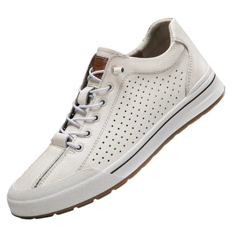 Men's white and black matte leather casual shoes with round toe and flat heel.