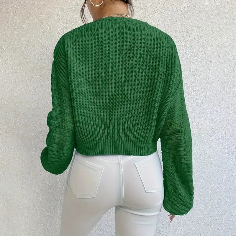 Women's solid colour long sleeve pullover in a loose casual fit, shown in one of five colour options.