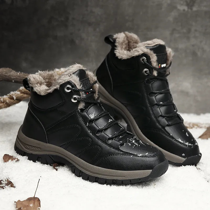 Men's black winter boots with plush lining, lace-up design, thick rubber sole, and round toe