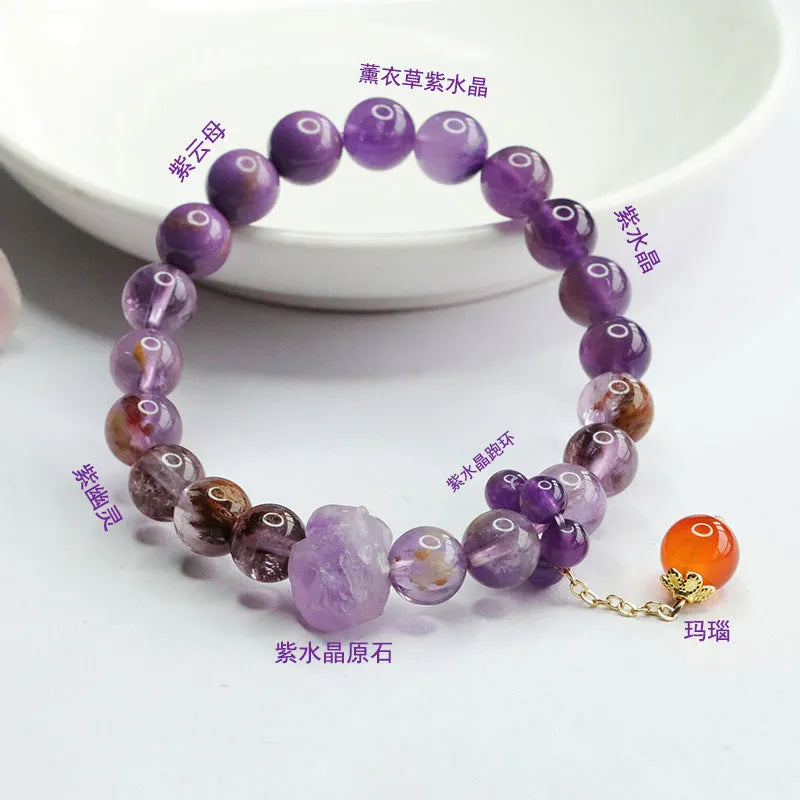Natural nine purple fire duobao crystal and red agate bracelet in Mori style, bead diameter 7-8mm.