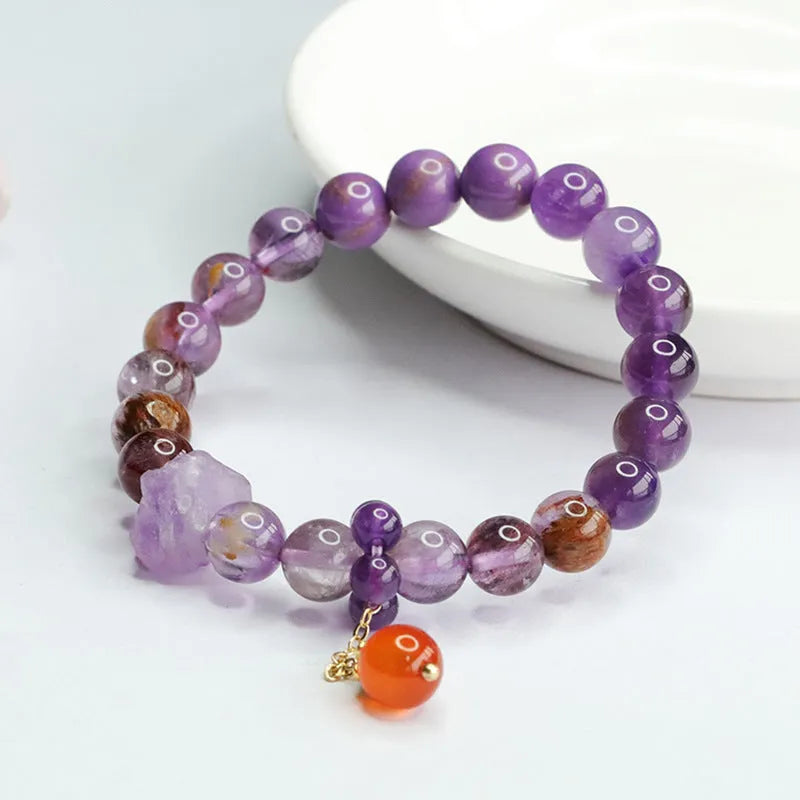 Natural nine purple fire duobao crystal and red agate bracelet in Mori style, bead diameter 7-8mm.
