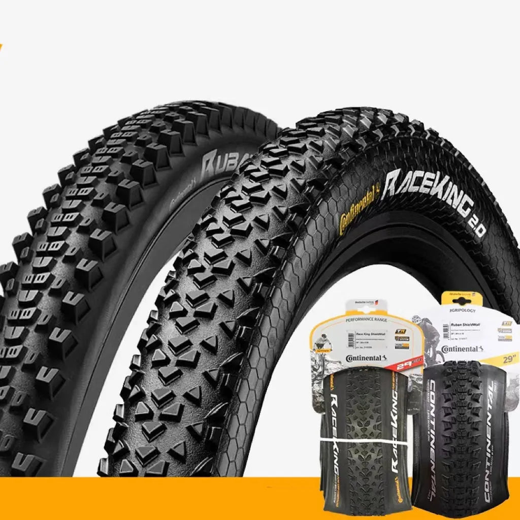 Mountain bike folding tyre showing tread pattern and sidewall with size specifications visible