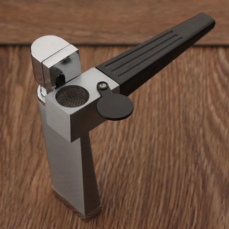 Foldable 2-in-1 metal pipe lighter and refillable butane smoking gadget with silver square cover on a dark background