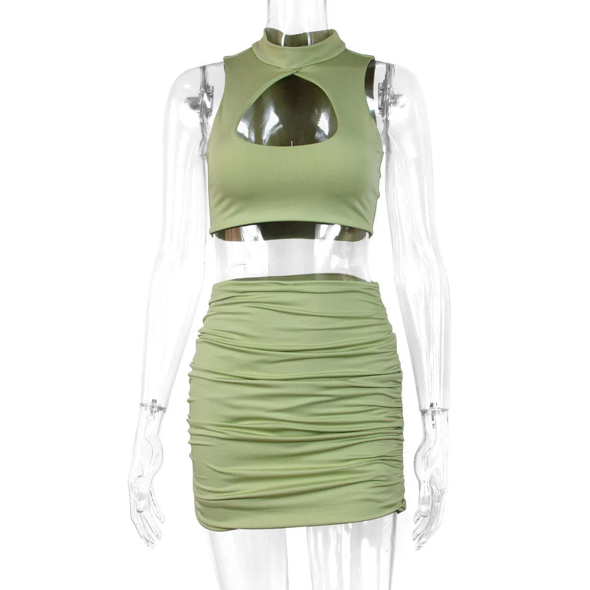 Women's light purple hollow vest and split skirt two-piece set shown on model