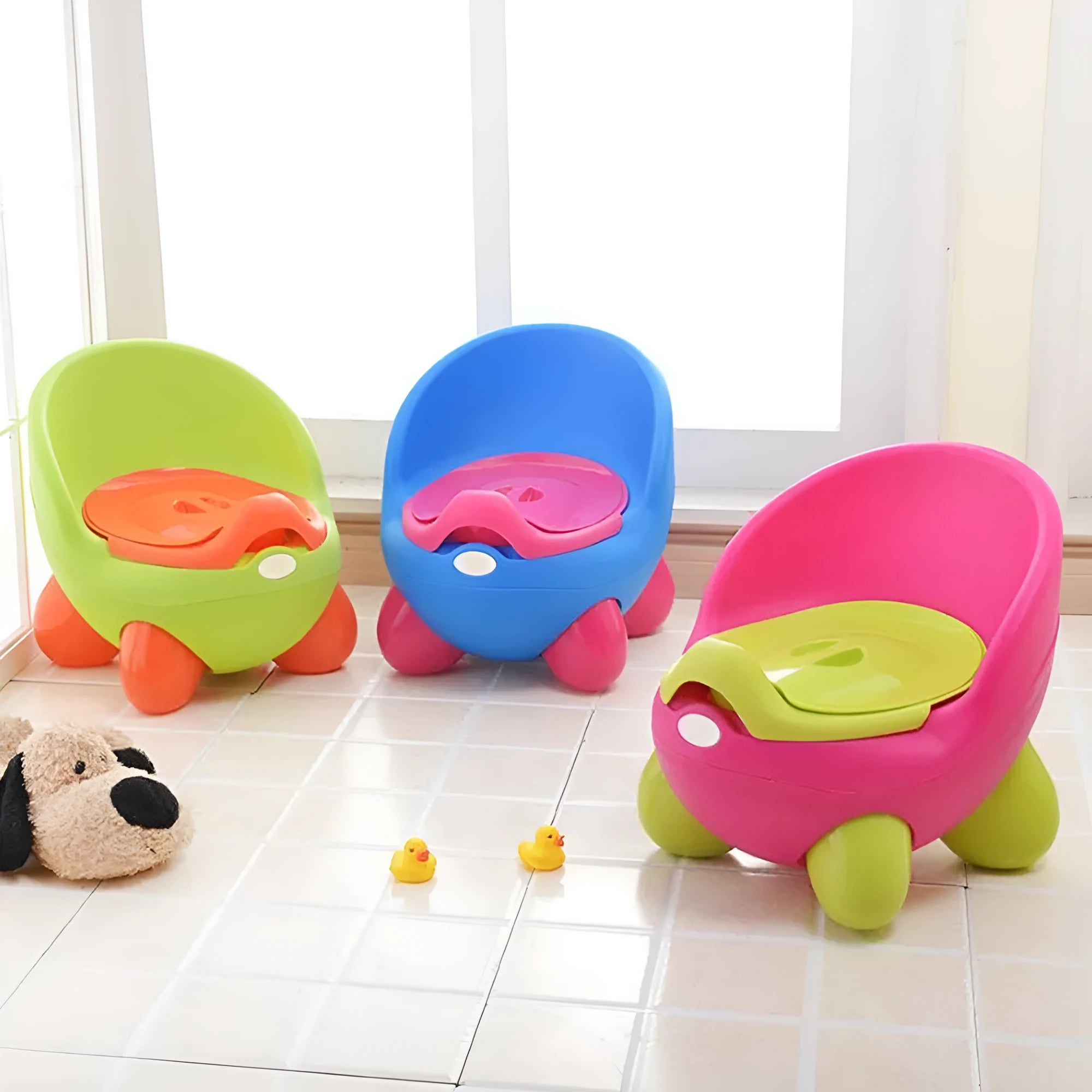 Dandan cartoon baby toilet training potty stool in assorted colours on a white background.