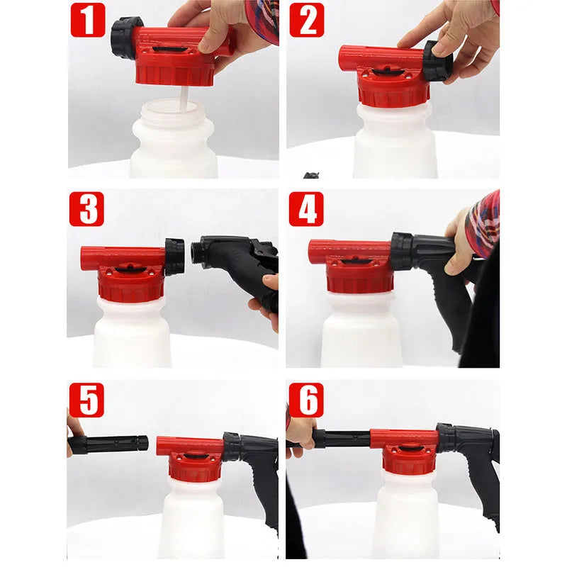 A standard colour foam pot high pressure water gun for garden spraying, showing its trigger and nozzle.