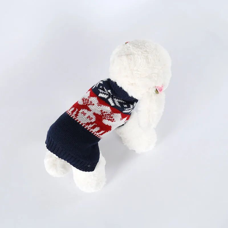 Navy blue knitted Christmas sweater for dogs on model showing European American style