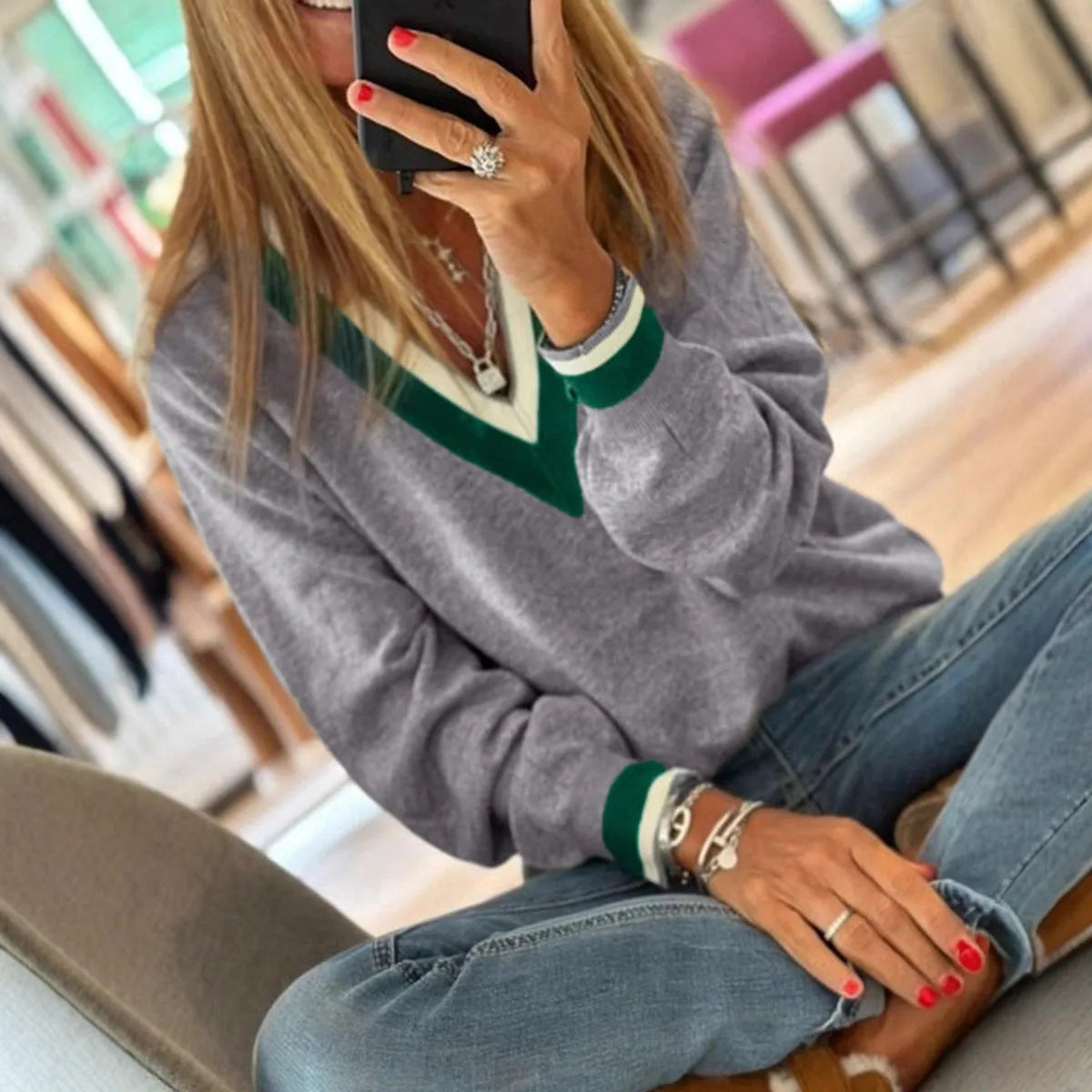 Casual loose knitted top for women solid colour polyester pullover