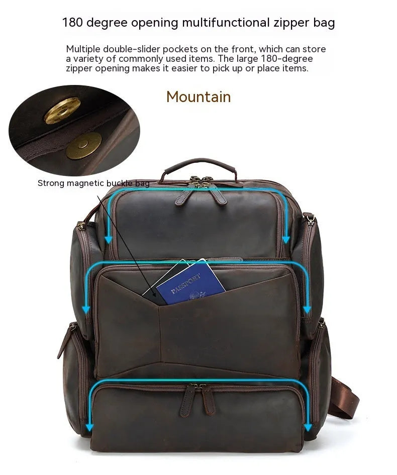 Dark brown retro leather backpack for 17-inch laptops with multiple compartments and shoulder straps