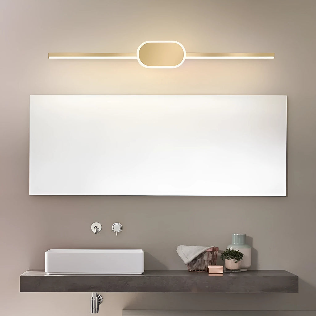 Modern bathroom mirror cabinet with LED vanity lights and a gold-toned frame.