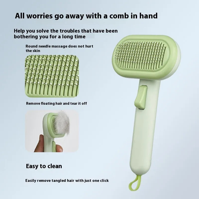 Large light grey pet grooming comb for cats and dogs with a one-click shaver and knot untier function.