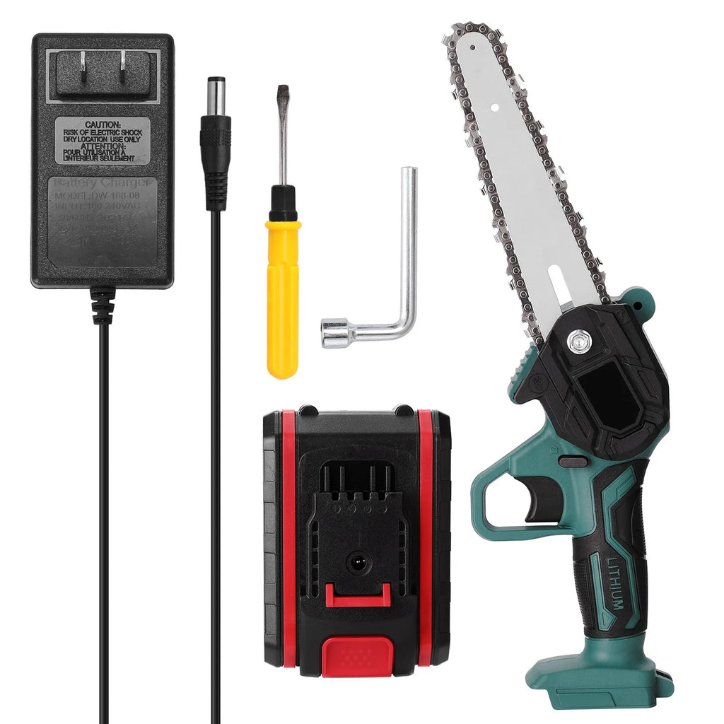 Black mini electric chainsaw with 4-inch bar held in one hand showing compact design