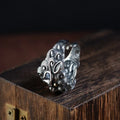 Personalised silver open ring with detailed Chinese zodiac jibeast Goat pattern.
