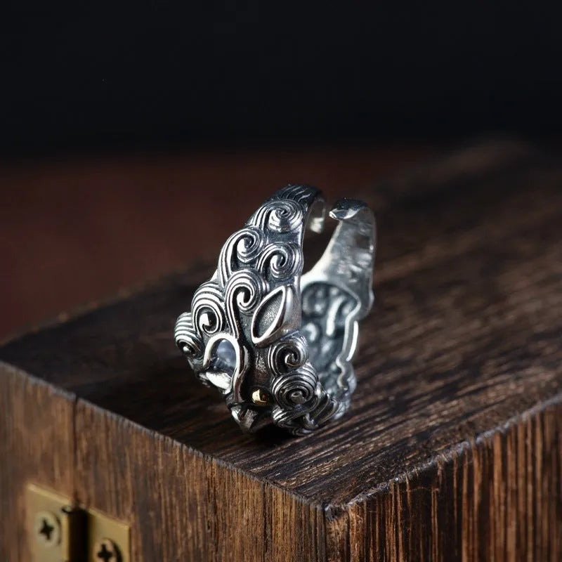 Personalised silver open ring with detailed Chinese zodiac jibeast Goat pattern.