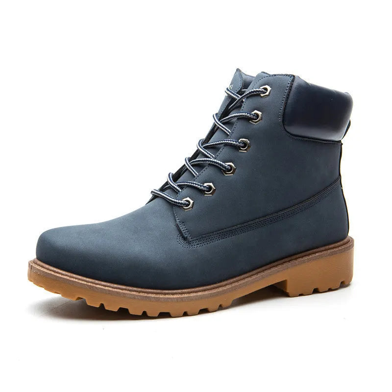 Pink men's high-top Martin boots with front laces and a velvet lining.