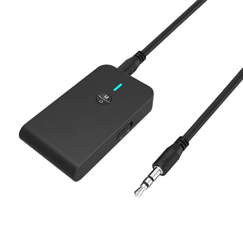 Black Bluetooth 5.0 audio adapter with 3.5mm AUX plug and external power cable