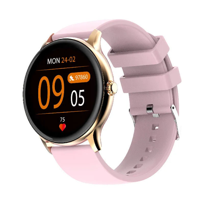 Blood pressure health smart sports watch with circular screen and black silicone strap.