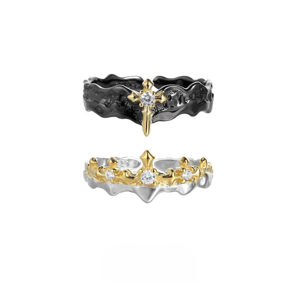 Adjustable silver couple ring with Princess Knight design in white gold or black gold electroplated finish.