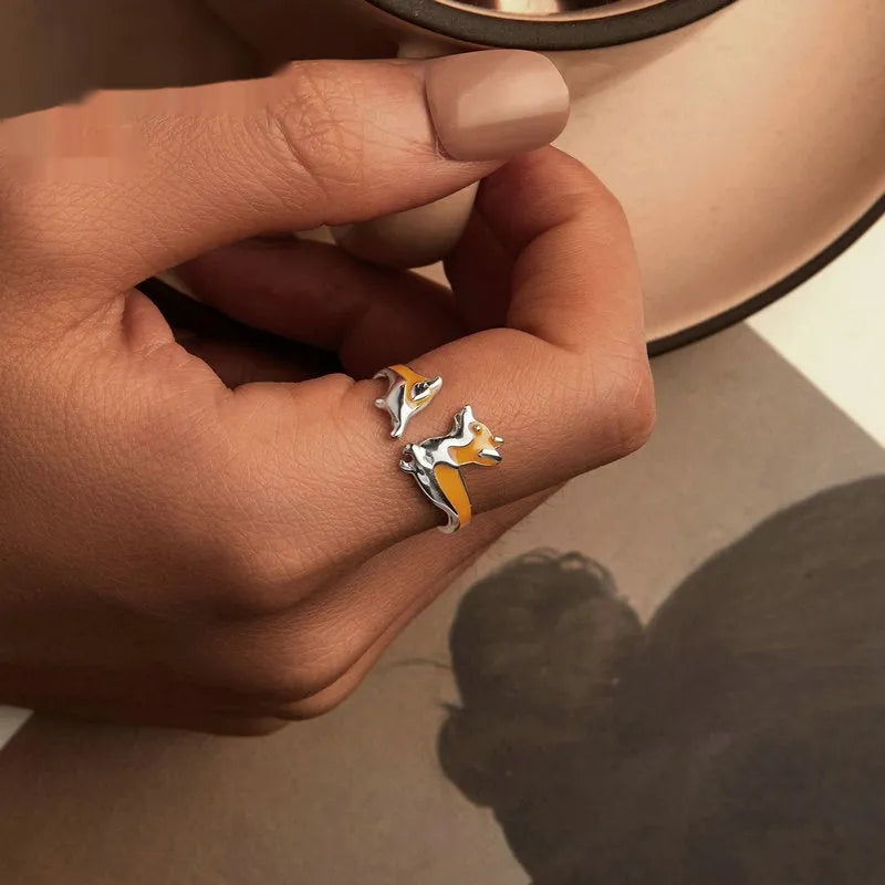Silver ring with a cute cartoon corgi design, electroplated finish, colour SCR1014-E.