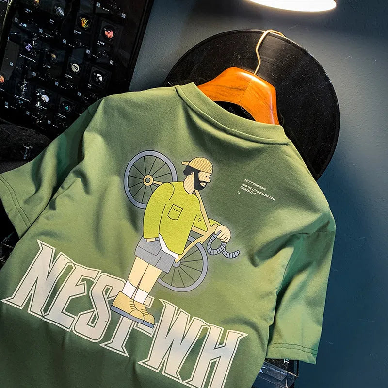 Green men's loose fit T-shirt with a literary print on the front, short sleeves.