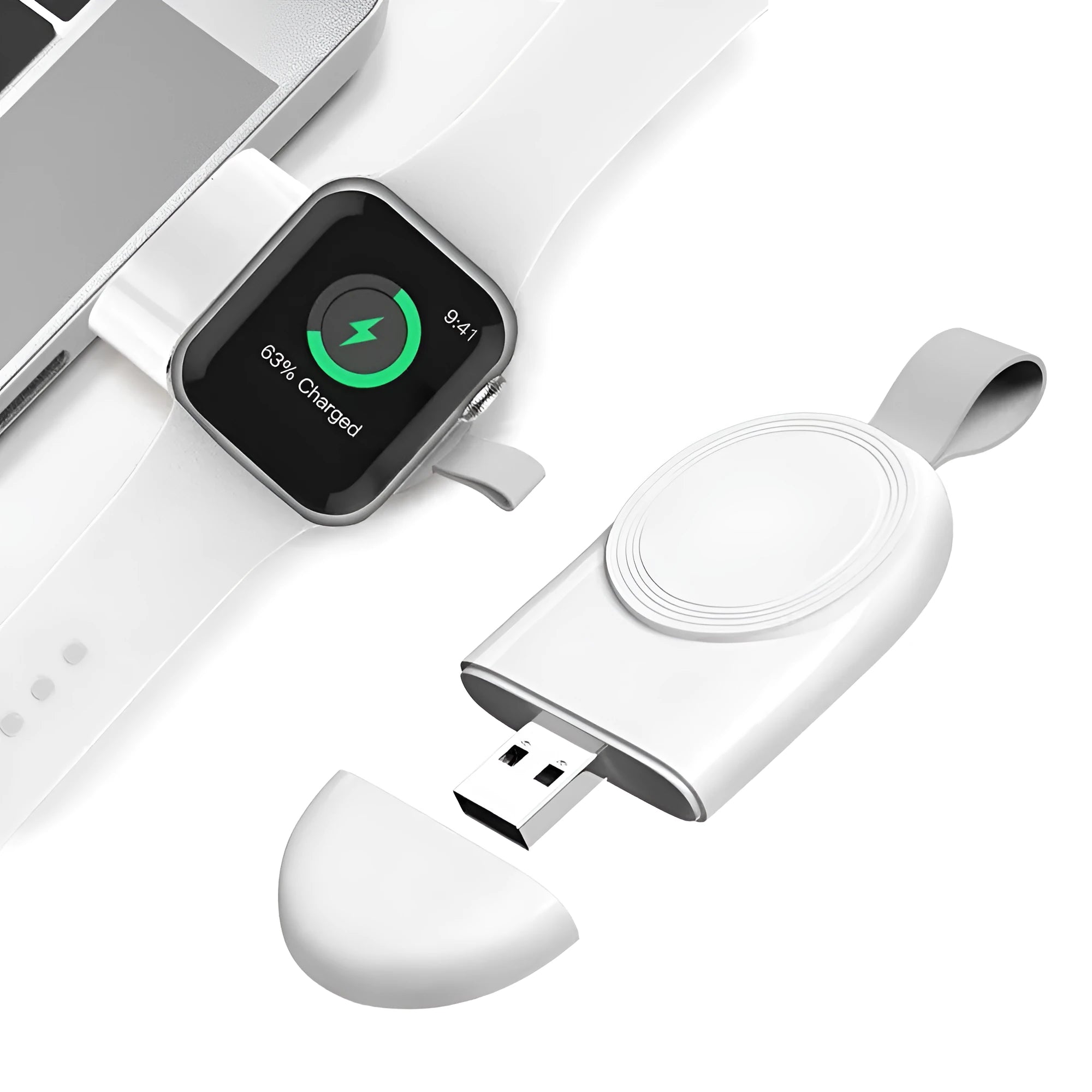 Portable wireless Apple Watch charging dock in white on a desk, with USB cable attached