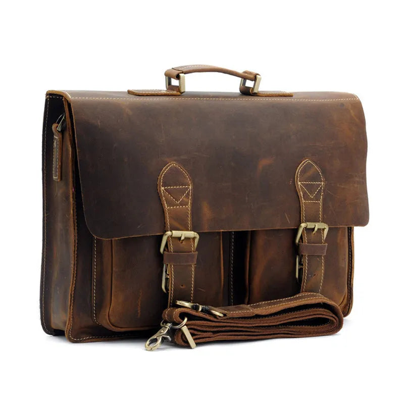 Small yellow brown crazy horse leather messenger bag for men with shoulder strap and nylon lining