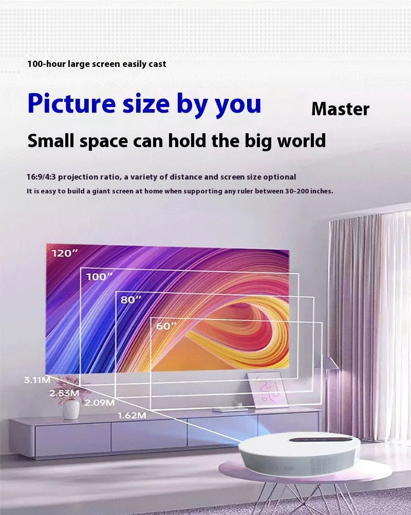 White HD 720p home theatre projector with remote control on a stand.