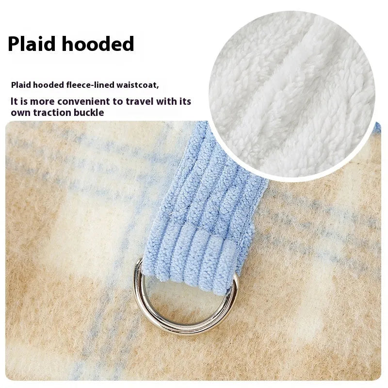 Blue corduroy chessboard grid pattern hooded vest for a dog on a neutral background