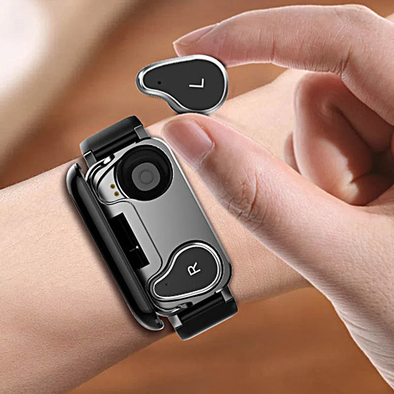2-in-1 smartwatch with Bluetooth earbuds, TPU wristband, black blue gold colours, 1.14-inch touchscreen
